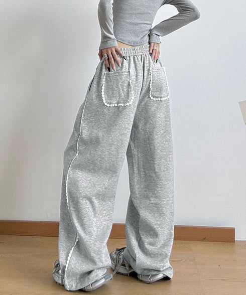 スウェットパンツサイドレースラインパンツ レディース ハイウエスト リラックスパンツ ウエストゴム ワイドパンツ ゆったり イージーパンツ 体型カバー ズボン秋冬 24BDMS-017